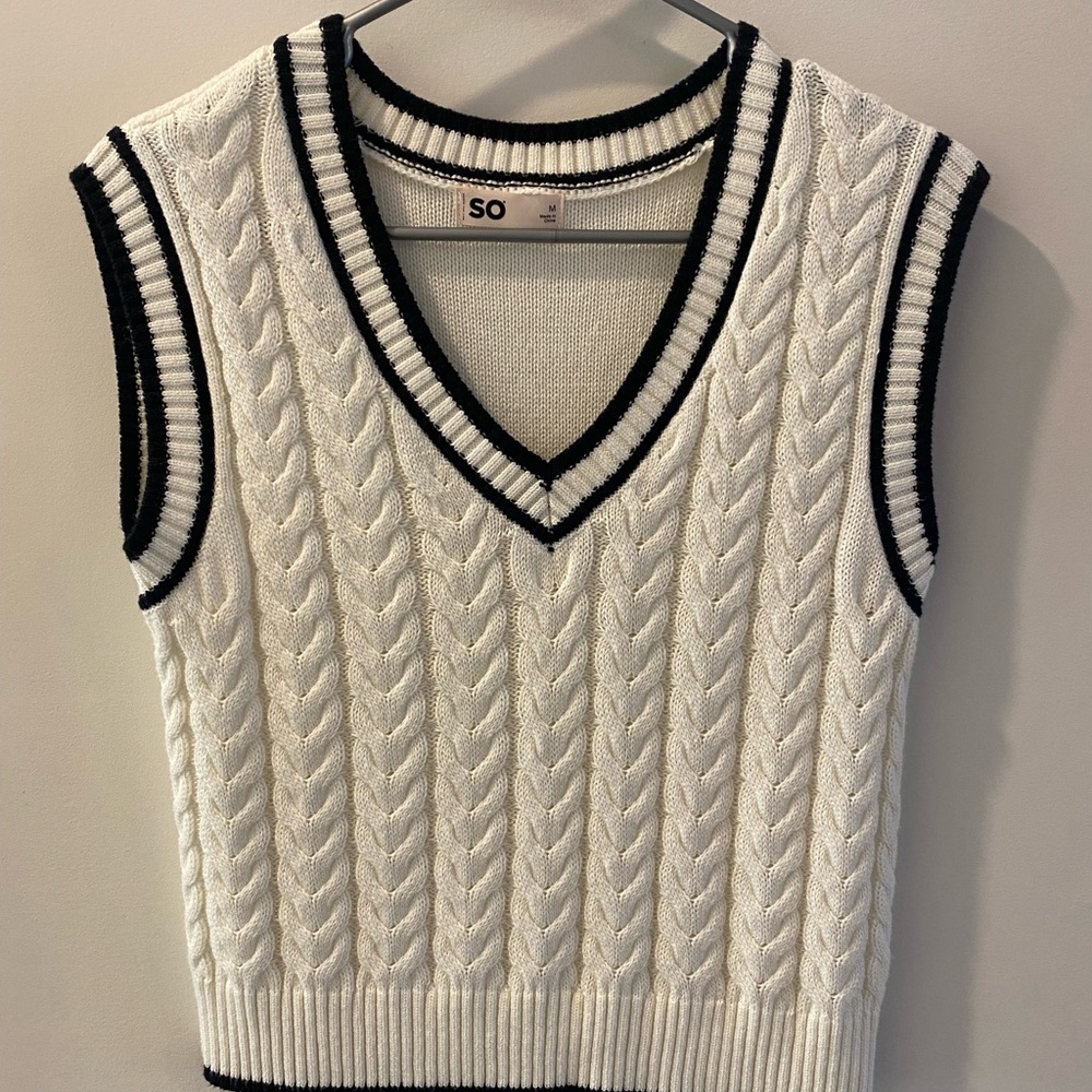 SO White Cable Knit Vest with Black Trim
